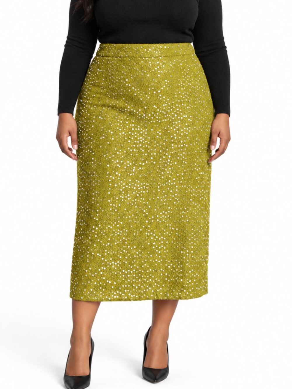 ELOQUII Chartreuse Green Knit Sequin Midi Skirt Size 24 Plus Holiday Party NWT